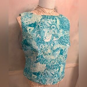 Lilly Pulitzer Turquoise and White Patterned Top jungle animals